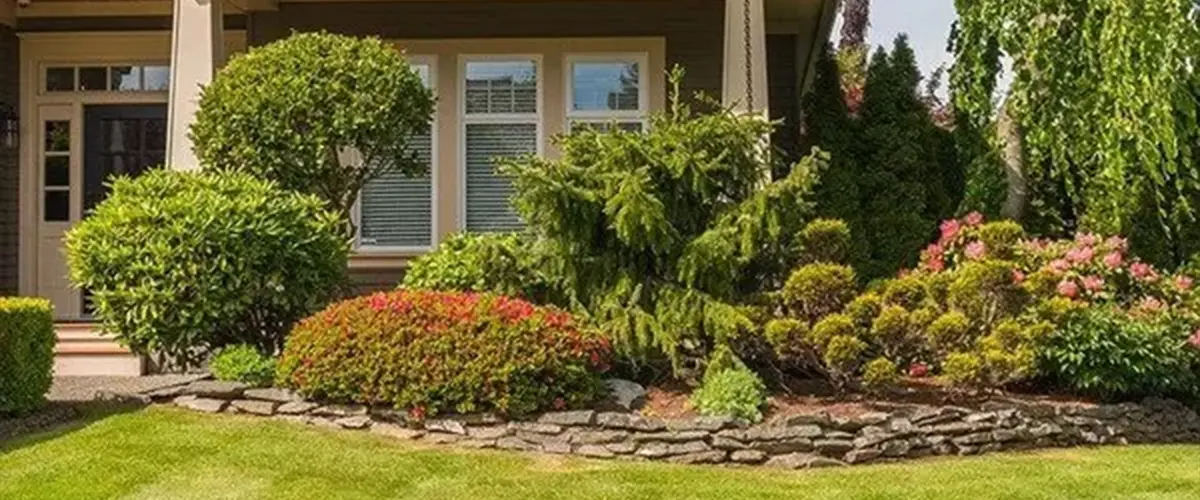 Landscaping with small stone wall and plantings