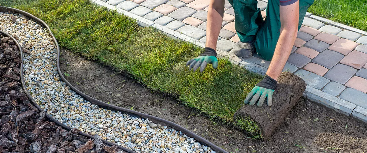 Gardener applying turf rolls in the backyard