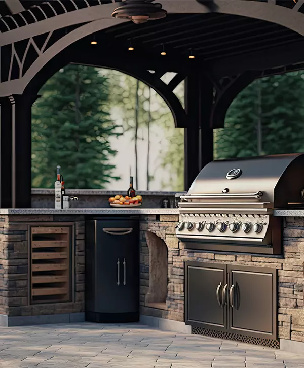 outdoor kitchen with beautiful cooking grill with burning fire, created with generative ai