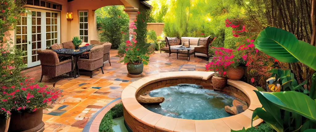 patio with hot tub, surrounded by greenery and water features
