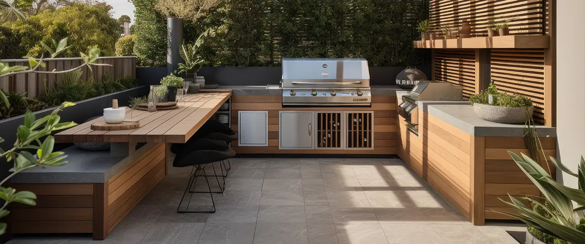Modern outdoor kitchen-dining area with sleek design, integrating nature and comfort.