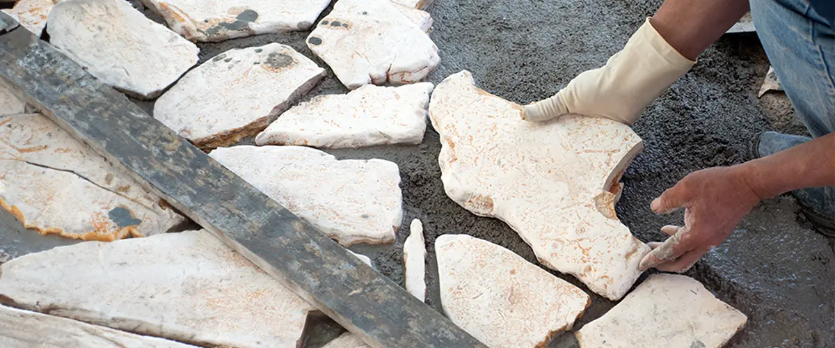 Worker placing stone tiles in cement for for glagstone patio installation in Bryan, close-up of hands wearing gloves.