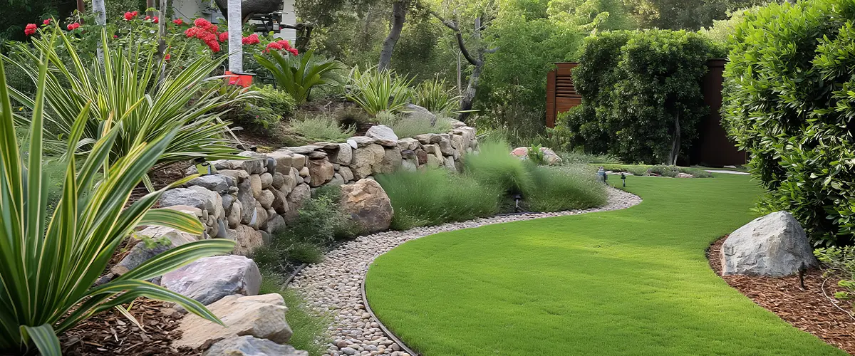 Lush landscaped garden with vibrant flowers, hardscaping, and manicured green lawn in a serene backyard setting in Toledo.