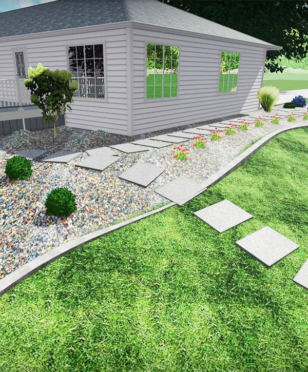 3D rendering of a landscape design with a gravel pathway and stepping stones beside a house.