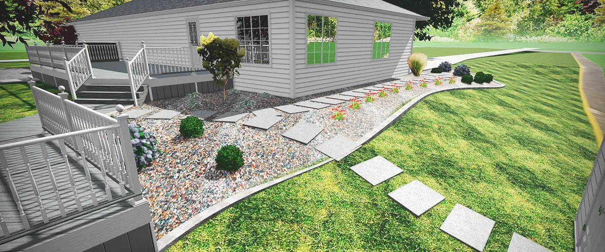 3D rendering of a landscape design with a gravel pathway and stepping stones beside a house.