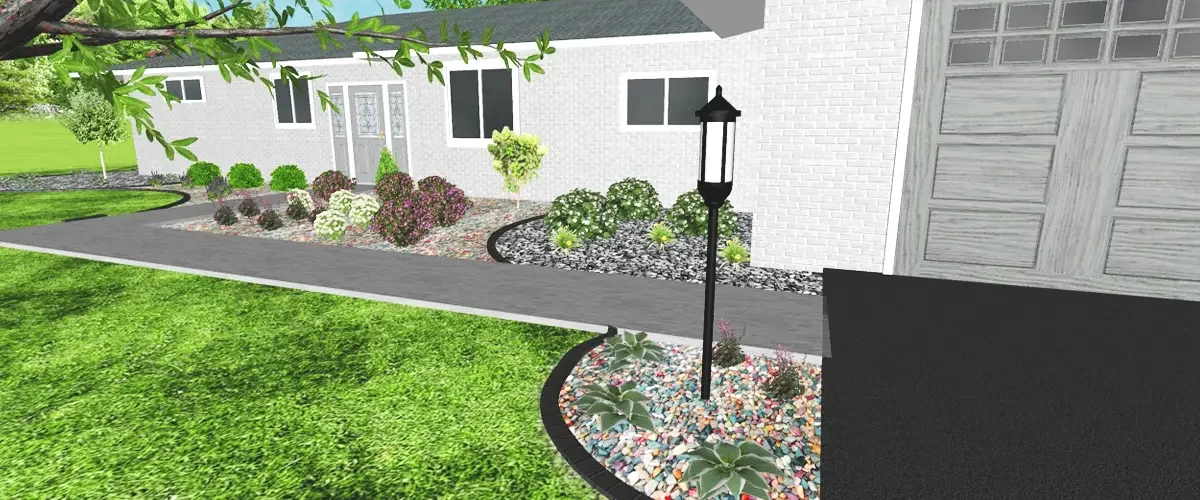 3D rendering of a front yard landscape design with a pathway, plants, and a lamp post.